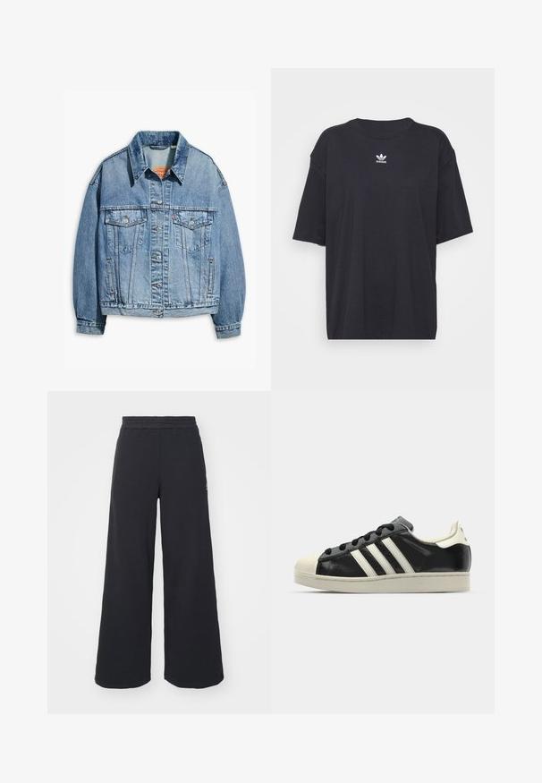 Lys blå denimjakke med krage, to brystlommer og knappestolpe. Har en lett oversized passform og synlig søm.; Svart bomull T-skjorte med korte ermer, rund halslinje, med en hvit Adidas-logo på brystet. Enkel design, avslappet passform.; Svart bukse med vid benvidde laget av myk stoff, med elastisk midjebånd og en liten logo på venstre side.; Svarte skinnsneakers med hvite striper, gummitopp, svarte lisser og en kremfarget såle. Glatt tekstur med blank finish.