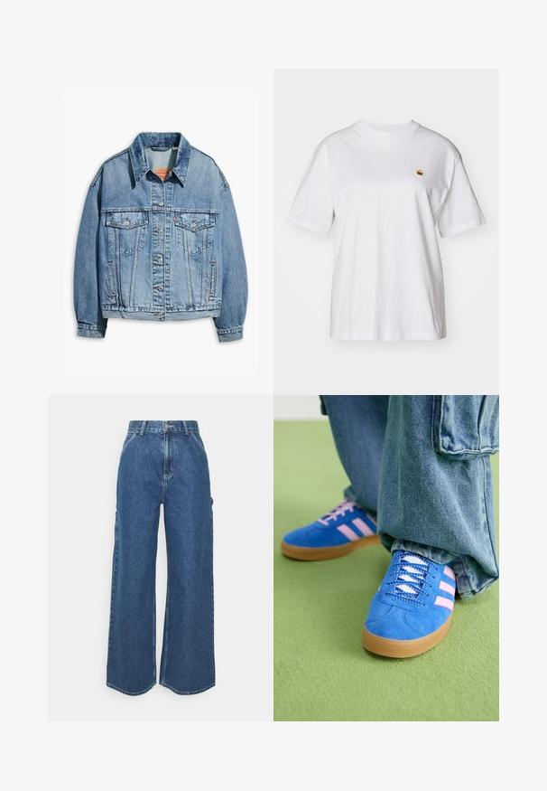 Gai zila džinsi jaka ar apkakles kaklu, divām krūšu kabatām un pogu aizvēršanu. Raksturīga nedaudz pārāk liela piegriezuma un redzamā šūšana.; Balta kokvilnas T-kreklā ar brīvu piegriezumu, īsām piedurknēm un mazu izšūtu logotipu kreisajā krūtīs.; Platleņķa zili džinsi ar augstu jostasvietu, kontrastējošām šuvēm un sānu kabatām, ar klasisku piecu kabatu dizainu un neapstrādātiem malām.; Zilas zamšādas kurpes ar rozā svītrām un baltām šņorēm, aprīkotas ar gumijas zoli, kopā ar brīvām džinsu biksēm uz zaļas virsmas.