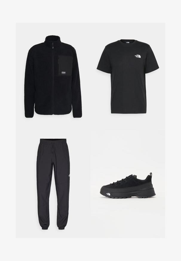 Czarna polarowa kurtka z wysokim kołnierzem, zamkiem z przodu i kieszenią na lewym piersi. Posiada teksturowany materiał oraz naszywkę z logo na kieszeni.; Czarna bawełniana koszulka z krótkimi rękawami, okrągłym dekoltem i małym białym logo na lewej piersi. Prosty design, gładka faktura i luźny krój.; Czarne spodenki sportowe wykonane z lekkiego materiału, z elastycznym pasem na sznurek, bocznymi kieszeniami i zwężanymi mankietami przy kostkach.; Czarne sneakersy outdoorowe z zamszowym wierzchem, teksturowaną gumową podeszwą i solidnym systemem sznurowania. Posiadają wzmocnioną piętę oraz logo marki na boku.