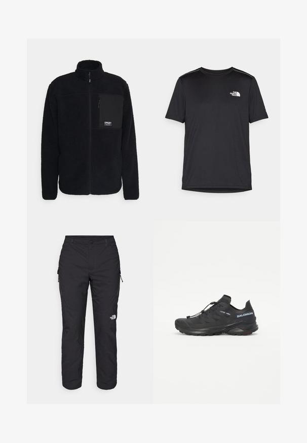 Czarna polarowa kurtka z wysokim kołnierzem, zamkiem z przodu i kieszenią na lewym piersi. Posiada teksturowany materiał oraz naszywkę z logo na kieszeni.; Czarny t-shirt z krótkim rękawem, wykonany z lekkiego materiału. Posiada małe białe logo na lewej piersi oraz subtelne akcenty na ramionach.; The North Face WINTER EXPLORATION czarny; Czarne buty do biegania w terenie z teksturowaną cholewką, elastycznymi sznurówkami i podeszwą Contagrip. Charakteryzują się dopasowanym krojem oraz ochronną osłoną palców.