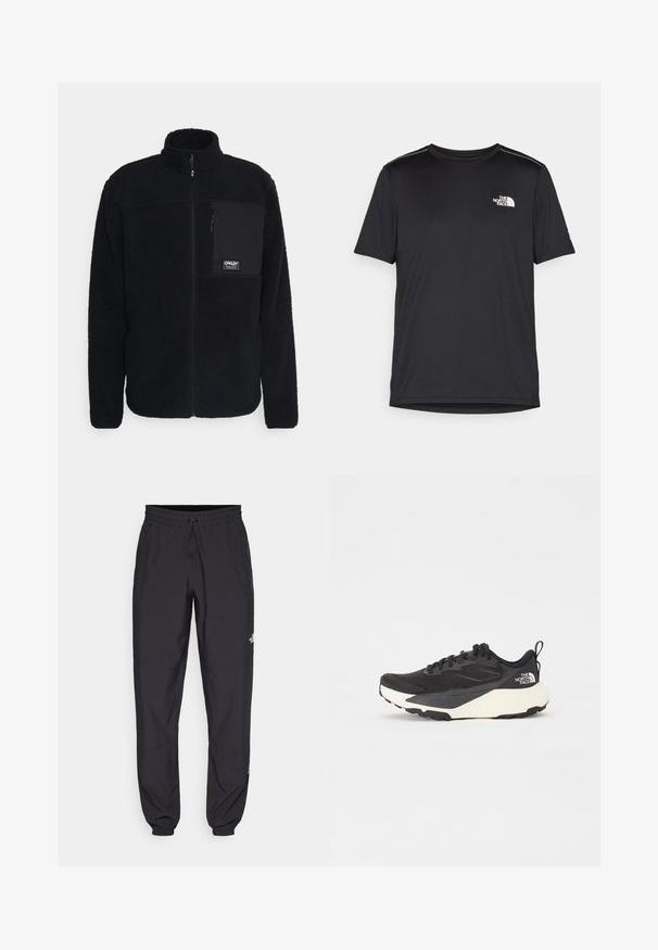 Černá fleecová bunda s vysokým límcem, předním zipem a kapsou na levé hrudi. Vyznačuje se texturovanou látkou a logem na kapse.; Černé tričko s krátkým rukávem vyrobené z lehkého materiálu. Má malé bílé logo na levé části hrudi a decentní akcenty na ramenech.; Černé sportovní kalhoty vyrobené z lehké tkaniny, s páskem na šňůrku, bočními kapsami a zúženými manžetami na kotnících.; Černá sportovní bota s texturovaným síťovaným svrškem, solidními černými akcenty a bílou lehkou podrážkou. Vybavena šněrováním a poutkem.