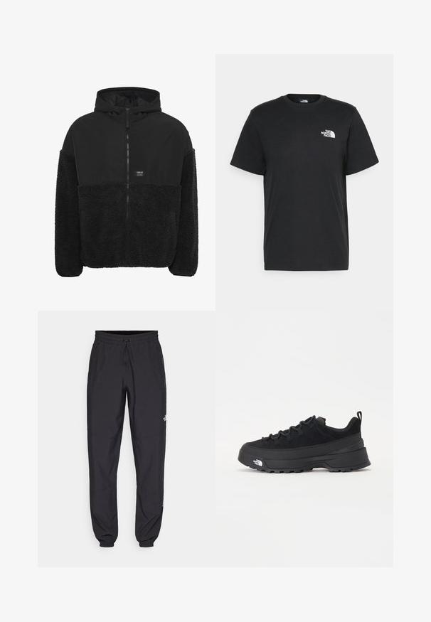 Schwarze Kapuzenjacke mit einem weichen, strukturierten Fleece-Unterteil, glattem oberen Stoff, einem Reißverschluss auf der Vorderseite und einem kleinen Logopatch auf der Brust.; Schwarzes Baumwoll-T-Shirt mit kurzen Ärmeln, Rundhalsausschnitt und einem kleinen weißen Logo auf der linken Brust. Schlichtes Design, glatte Textur und lockere Passform.; Schwarze Sporthosen aus leichtem Stoff, mit einem Kordelzugbund, seitlichen Taschen und schmal zulaufenden Bündchen an den Knöcheln.; Schwarzer Outdoorsneaker mit einem Obermaterial aus Wildleder, strukturierter Gummisohle und robustem Schnürsystem. Verfügt über eine verstärkte Ferse und das Markenlogo an der Seite.