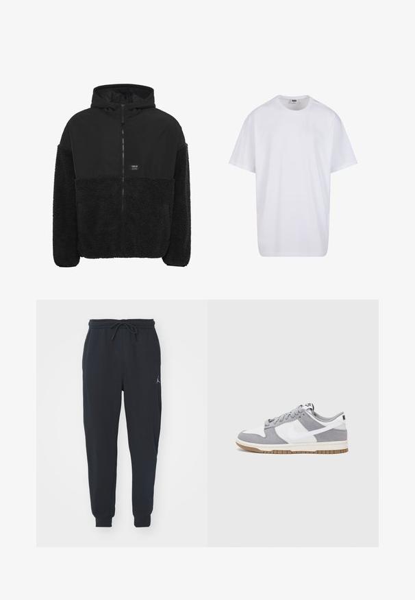 Mustat hupullinen takki, jossa on pehmeä, tekstuurinen fleece-alareuna, sileä yläosa, etuvetoketju ja pieni logopaino rinnan kohdalla.; Valkoinen puuvillainen t-paita, jossa on lyhyet hihat, pyöreä kaula-aukko, rento istuvuus ja ei näkyviä logoja tai kuvioita. Sileä pinta ja minimaalinen muotoilu.; Mustat juoksuhousut pehmeästä kankaasta, joissa on joustava vyötärönauha ja nauhakuja, ribbikuosiset hihansuut ja pieni logo vasemmassa reidessä.; Harmaa ja valkoinen lenkkari, jossa on mokka- ja nahkapinta, pyöreä kärki, litteät nauhat ja kumipohja, jossa on vaahtomuoviväri.