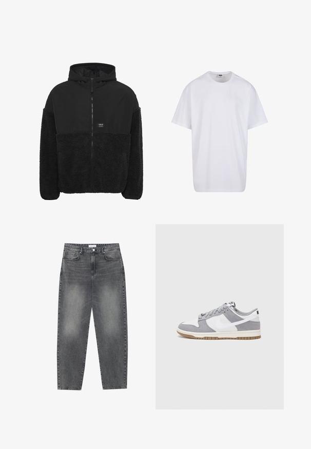 Zwarte capuchonjas met een zachte, gestructureerde fleece onderkant, gladde bovenstof, een frontale rits en een klein logo-opdruk op de borst.; Witte katoenen t-shirt met korte mouwen, ronde hals, relaxte pasvorm en zonder zichtbare logo's of patronen. Gladde textuur en minimalistisch ontwerp.; Hoge taille, losvallende jeans van vervaagd zwart denim. Beschikt over vijf zakken, riemlussen en een schone, rechte broekspijp ontwerp.; Nike sneakers hebben een bovenzijde van grijs suède en wit leer met perforaties, ronde veters en een gum zool voor grip.
