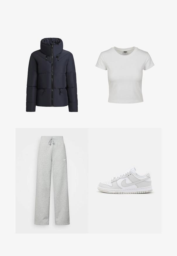 khujo FLAIRE - Zimná bunda - dunkelblau; Biela bavlnená tričko s klasickým okrúhlym výstrihom, krátkymi rukávmi a priliehavým strihom. Bez viditeľných vzorov alebo akcentov.; Šedé tepláky s elastickým pásom, detailom na šnúrku a malým bielym logom Nike na ľavom stehne. Mäkká tkanina, voľný strih.; Biele kožené tenisky s šedými akcentmi, perforovaná špička, ploché šnúrky, polstrovaný golier a textúrovaná gumová podrážka.