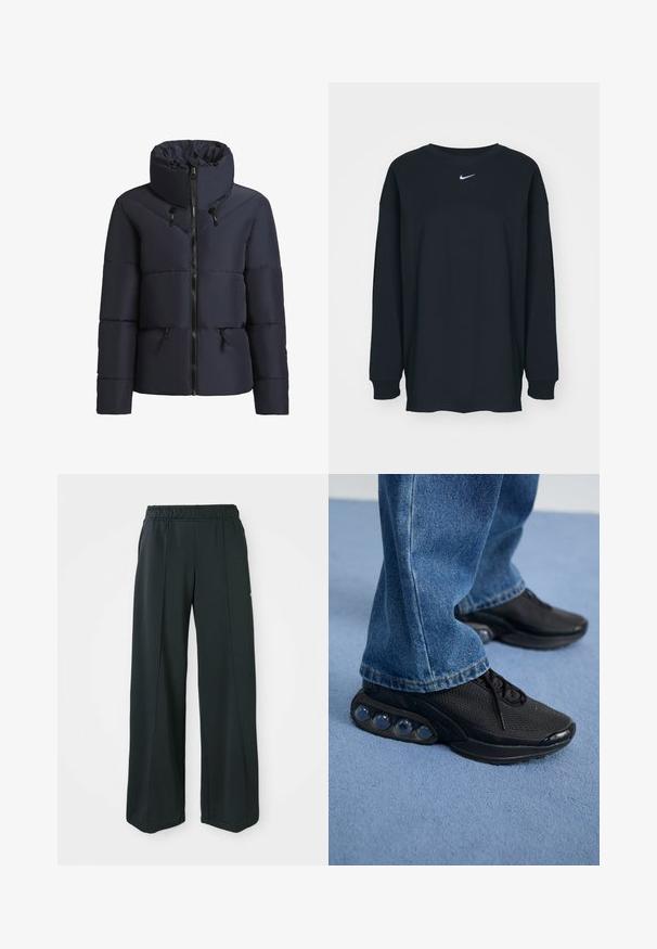 khujo FLAIRE - Winter jacket - dunkelblau; Black long-sleeve T-shirt made of cotton with a crew neckline. Features a white Nike logo on the chest. Soft texture, simple design.; Black, wide-leg athletic pants with an elastic waistband. Made from smooth, stretchy fabric, featuring subtle front seams and no pockets.; Black athletic sneakers with mesh upper, textured accents, and visible air cushioning pods in the sole. Worn with blue denim jeans.