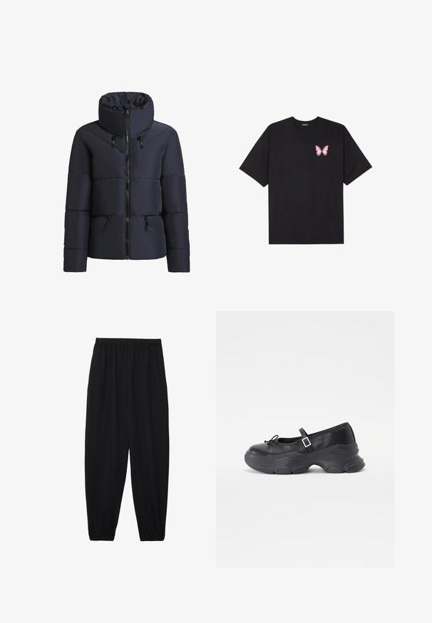 khujo FLAIRE - Winter jacket - dunkelblau; Black cotton t-shirt with short sleeves, featuring a small pink butterfly graphic on the left chest. Crew neck design with a relaxed fit.; Black, lightweight pants with an elastic waistband and gathered ankles. The fabric is smooth and features a relaxed, tapered design.; Black leather Mary Jane shoe with a rounded toe, bow detail, and an adjustable ankle strap. Features a chunky rubber sole with curved accents.