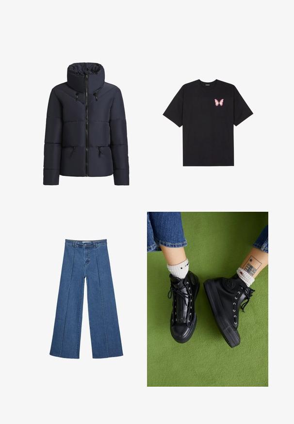 khujo FLAIRE - Winterjacke - dunkelblau; Schwarzes Baumwoll-T-Shirt mit kurzen Ärmeln, das ein kleines pinkes Schmetterlingsmotiv auf der linken Brust zeigt. Crewneck-Design mit einem entspannten Schnitt.; Weite Jeans aus Denim in Mittelblau, mit hoher Taille, Knopfverschluss und kontrastierenden vertikalen Nahtdetails an der Vorderseite.; Schwarze High-Top-Sneaker aus glänzendem Material mit Metallösen, flachen Schnürsenkeln und strukturierten Sohlen. Getragen mit weißen gemusterten Socken.