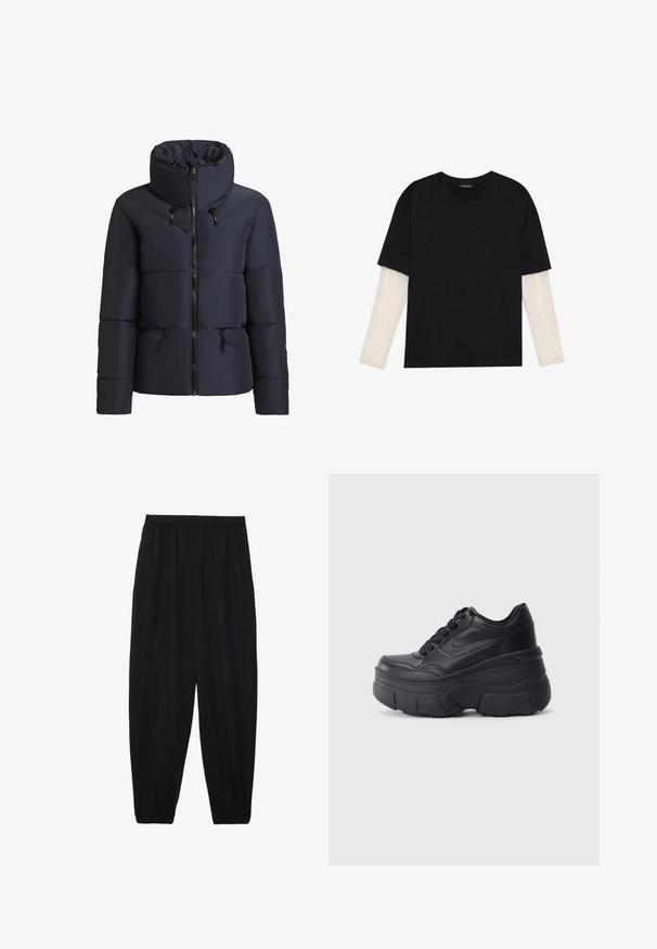 khujo FLAIRE - Giacca invernale - dunkelblau; T-shirt nera in cotone con maniche corte sopra un sotto manica lunga bianca, caratterizzata da una sottile texture. Design con scollo rotondo.; Pantaloni neri leggeri con vita elastica e caviglie arricciate. Il tessuto è liscio e presenta un design rilassato e affusolato.; Sneaker nere con lacci e suola spessa, caratterizzate da una tomaia in pelle liscia, punta arrotondata e un distintivo design a piattaforma stratificata.