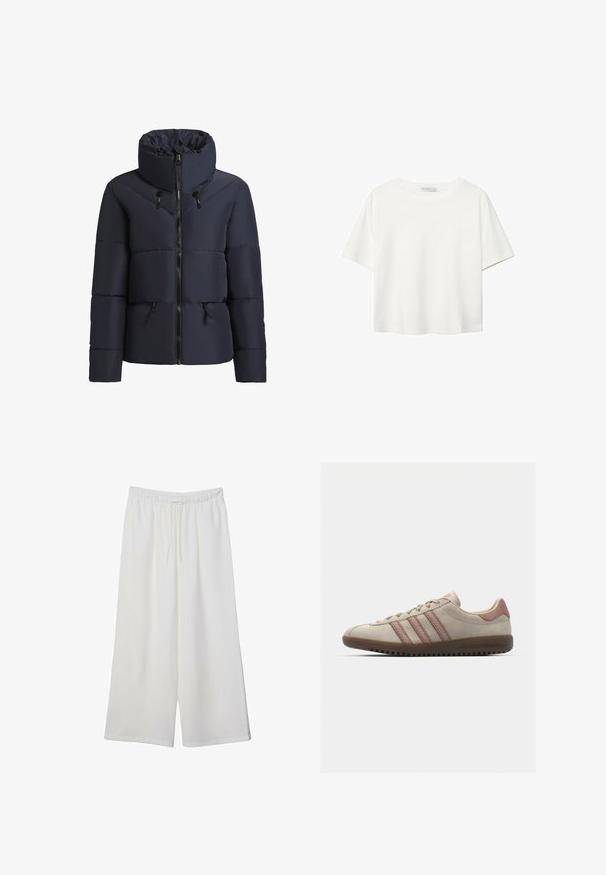 khujo FLAIRE granatowy; Biała koszulka z krótkim rękawem, wykonana z bawełny. Posiada okrągły dekolt i luźny krój. Gładka faktura bez widocznych wzorów czy akcentów.; Białe szerokie spodnie wykonane z lekkiego materiału, z elastyczną talią i sznurkiem do regulacji fasonu. Gładka tekstura.; Beżowe zamszowe sneakersy z różowymi akcentami, z trzema nakładającymi się paskami, teksturowanym noskiem i gumową podeszwą z rowkami.