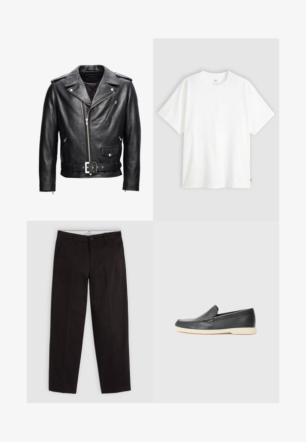 Schwarze Leder-Bikerjacke mit Einkerbung am Kragen, Reißverschluss vorne, mehreren Taschen und einem taillierten Gürtel. Mit silbernen Hardware-Akzenten.; Weißes T-Shirt mit kurzen Ärmeln aus Baumwolle und rundem Halsausschnitt. Besitzt ein dezentes, geprägtes Logo-Detail auf der Vorderseite und ein rotes Etikett am Saum.; Schwarze Chinos mit geradem Bein, Gürtelschlaufen, Knopfverschluss und Seitentaschen, auf einem hellgrauen Hintergrund präsentiert.; Schwarze Leder-Slipper mit strukturiertem Finish und einer kontrastierenden beige Gummisohle. Mit einem dezenten Akzent an der Vorderseite.