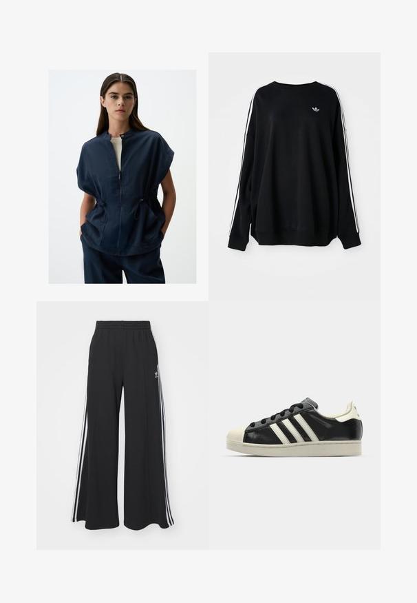 Marineblaues Kurzarmjackett mit Stehkragen, Frontreißverschluss und Kordelzug in der Taille. Es verfügt über zwei Seitentaschen und hat eine glatte Stoffoberfläche.; Schwarzer, übergroßer Sweatshirt aus weichem Material, mit weißen Streifen entlang der Ärmel und einem kleinen Logo auf der Brust. Rundhals-Ausschnitt.; Schwarze weite Sweatpants mit elastischem Bund, versehen mit weißen Seitestreifen und einem gestickten Logo auf dem linken Oberschenkel.; Schwarze Ledersneaker mit weißen Streifen, Gummikappe, schwarzen Schnürsenkeln und einer cremefarbenen Sohle. Glatte Textur mit glänzender Oberfläche.