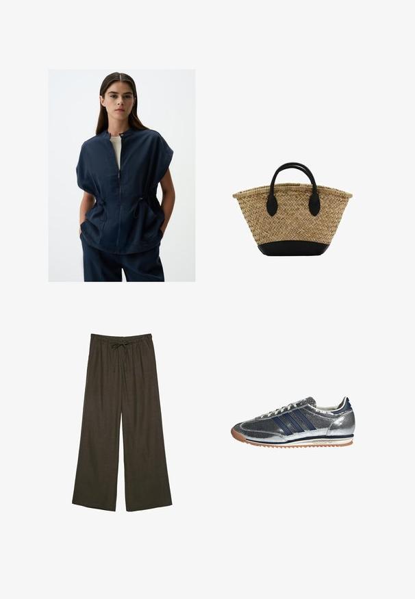 Giacca corta blu navy a maniche corte con colletto alla coreana, zip frontale e vita regolabile, dotata di due tasche laterali e una texture di tessuto liscia.; Top grigio a maniche corte in tessuto rientrato e texture. Presenta un orlo curvo e una vestibilità comoda, adatto per un abbigliamento casual.; Pantaloni larghi di colore marrone scuro con vita elastica e cordoncino regolabile. Realizzati in un tessuto morbido e leggero.; Sneaker sintetico argento con righe blu navy, punta tonda, fodera bianca e suola in gomma. Presenta una parte superiore testurizzata e chiusura con lacci.; Cesto di paglia intrecciata con una forma svasata, caratterizzato da una base e manici in pelle nera. Fibra naturale testurizzata con dettagli neri lisci.