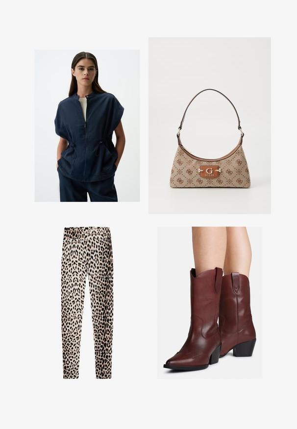 Marineblauwe korte mouw jas met een staande kraag, rits aan de voorkant en een trekkoord in de taille, voorzien van twee zijzakken en een gladde stofstructuur.; Mauve top met lange mouwen en boot hals, aangesloten taille met subtiele plooien aan beide zijden, plat weergegeven tegen een witte achtergrond.; Leggings met luipaardprint, gemaakt van zachte stof, met een elastische tailleband, lange slanke benen en een mix van beige, zwart en bruine patronen.; Benen gekleed in mid-calf donkere bruine leren cowboylaarzen met puntige neuzen en blokhakken, tegen een witte achtergrond.; Tote bag van beige stof met bruine patroonaccenten. Beschikt over een gebogen vorm, enkele strap en een logo plaatje aan de voorkant met zilverkleurige hardware.