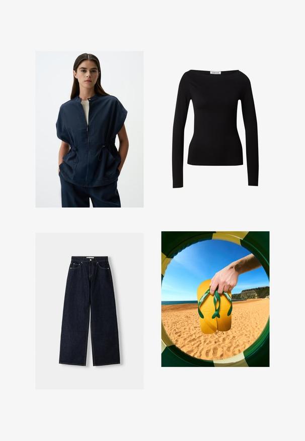 Veste courte bleu marine à manches courtes avec col montant, fermeture éclair sur le devant et taille ajustable par cordon, dotée de deux poches latérales et d'une texture de tissu lisse.; Haut noir à manches longues avec un décolleté large, forme ajustée et texture douce, fabriqué en tissu extensible. Aucun motif ou ornement visible.; Jean large en denim bleu foncé à taille haute, avec cinq poches, des coutures contrastées et des éléments en métal argenté. Texture lisse et finition soignée.; Des tongs jaunes avec des sangles vertes et des semelles texturées sont tenues par une main, vues à travers un cadre circulaire sur fond de plage.