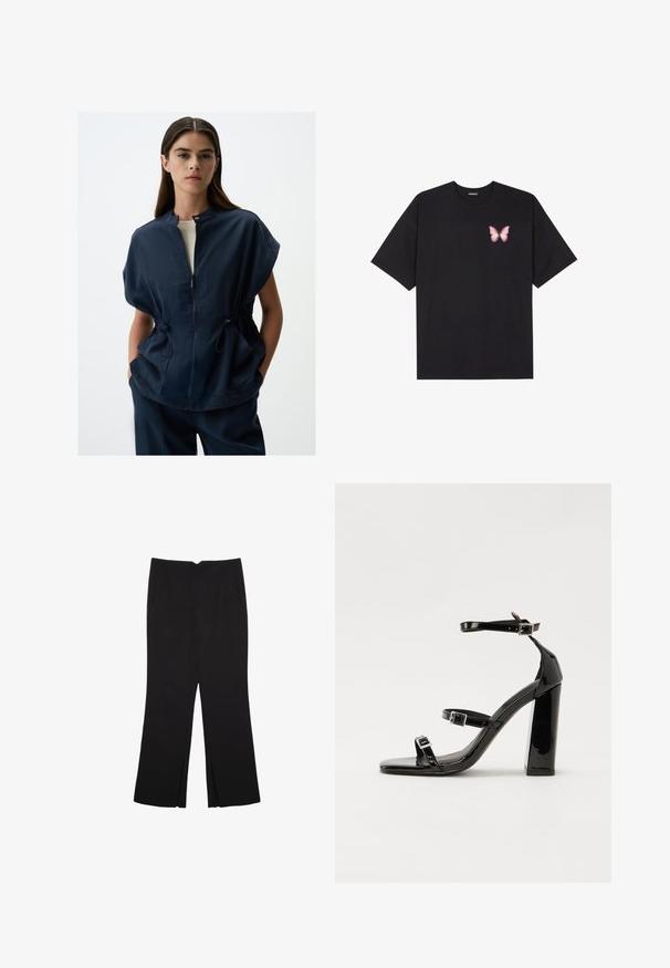 Granatowa kurtka krótka z krótkim rękawem, z kołnierzem stójkowym, zamkiem błyskawicznym z przodu i ściągaczem w talii, z dwiema bocznymi kieszeniami i gładką fakturą materiału.; Czarny bawełniany t-shirt z krótkim rękawem, z małym różowym motylkiem na lewej piersi. Klasyczny dekolt z luźnym fasonem.; Czarne spodnie o prostym kroju, z przednimi kieszeniami i bocznymi rozcięciami na dole. Wykonane z miękkiego, gładkiego materiału. Odpowiednie na różne okazje.; Czarne lakierowane sandały na obcasie z kwadratowym noskiem, z paskami wokół kostki i srebrnymi klamrami. Posiadają masywny słupek dla stabilności.