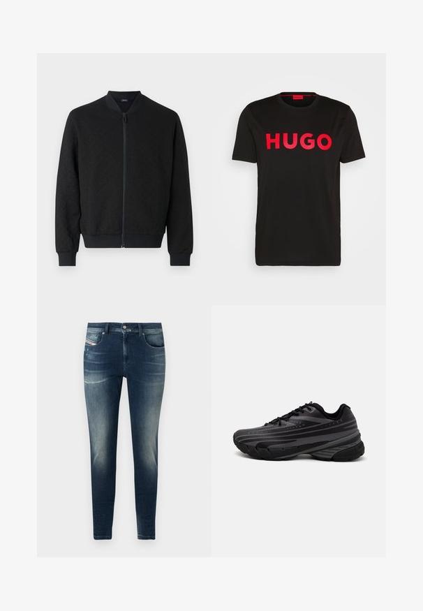 Juodas bomber tipo švarkas su tekstūruotu audiniu, sutrauktomis rankovėmis ir juosmeniu, pilnu užtrauktuku ir apvaliu apykakle. Paprastas, modernus dizainas.; Juoda medvilninė marškinėliai su ryškiu raudonu „HUGO“ užrašu priekyje, trumpomis rankovėmis, suapvalintu kaklu ir laisvu siluetu.; Tamsiai mėlyni džinsai, turintys liesą siluetą, su šiek tiek furnizuotu skalbimu, lengvu susidėvėjimu ir klasikinio penkių kišenių dizainu.; Juodas bėgimo batelis su tekstūruotu viršumi, kuriame yra pilkos juostos. Storas padas amortizacijai, apvalus pirštas ir plokščios raištelės tvirtam prigludimui.