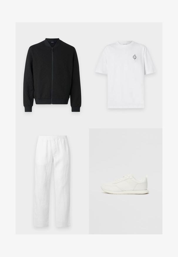 Casaco bomber preto com tecido texturizado, punhos e bainha canelados, fecho com zíper completo e gola redonda. Design simples e moderno.; Camisa de algodão branca com um corte relaxado, apresentando um pequeno logótipo gráfico preto na área do peito esquerdo. Mangas curtas, estilo de gola redonda.; Calças de linho branco com cintura elástica, corte reto e textura suave, sem padrões visíveis ou detalhes de ferragens.; Sapatilha branca com parte superior em malha e sintético, bico arredondado, atacadores planos e uma faixa lateral texturizada. Sola em borracha com uma alça na parte de trás.