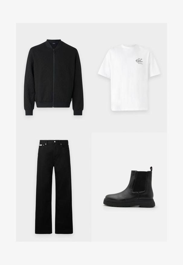 Juodas bomber tipo švarkas su tekstūruotu audiniu, sutrauktomis rankovėmis ir juosmeniu, pilnu užtrauktuku ir apvaliu apykakle. Paprastas, modernus dizainas.; Balta medvilninė marškinėliai su trumpomis rankovėmis, apvalia kaklo iškirpte, kairėje krūtinės pusėje esantis juodas CK logotipas, standartinio kirpimo, lygus paviršius.; Juodos džinsinės kelnės su plačiu kojų dizainu, turinčios penkias kišenes ir metalinius sagčių akcentus. Lygus paviršius, be matomų raštų.; Juodos odinės kulkšninių botai su gumbų elastine šonine juosta, apvalia nosimi ir masyviu juodu padu. Yra kilpelė, skirta patogiam užsimovimui.