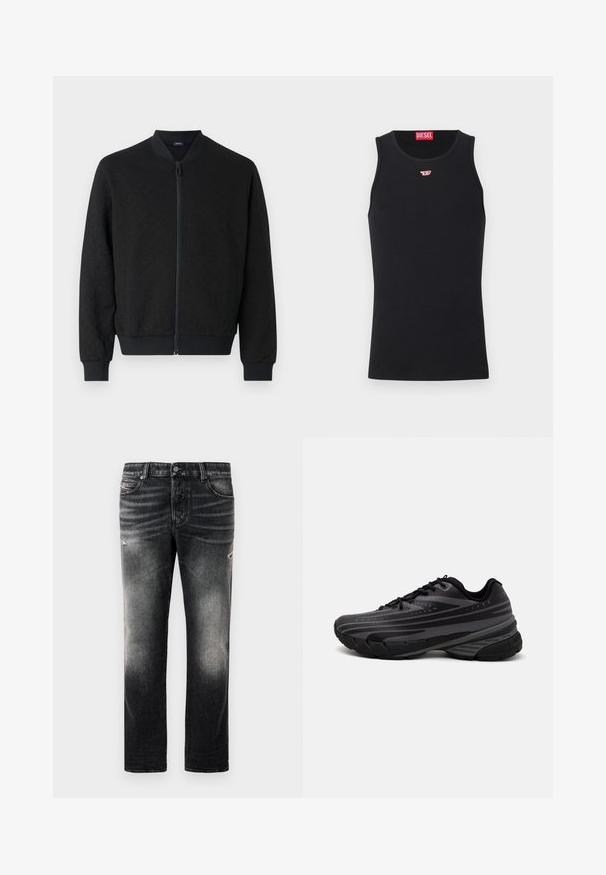 Čierna bombera bunda s textúrovanou látkou, rebrovanými manžetami a pásom, plným zipsom a okrúhlym golierom. Jednoduchý, moderný dizajn.; Čierny top bez rukávov vyrobený z hladkej látky, s okrúhlym výstrihom, otvorenými ramennými a malým červeným logom na hrudníku. Jednoduchý dizajn.; Čierne džínsy s vyblednutým povrchom a poškodenými detailmi, štandardný dizajn s piatimi vreckami a zapínaním na zips. Vyrobené z denimovej látky.; Čierna bežecká obuv s textúrovaným zvrškom, ktorý má šedé pruhy. Hrubá podrážka pre odpruženie, okrúly špička a ploché šnúrky na bezpečné uchytenie.