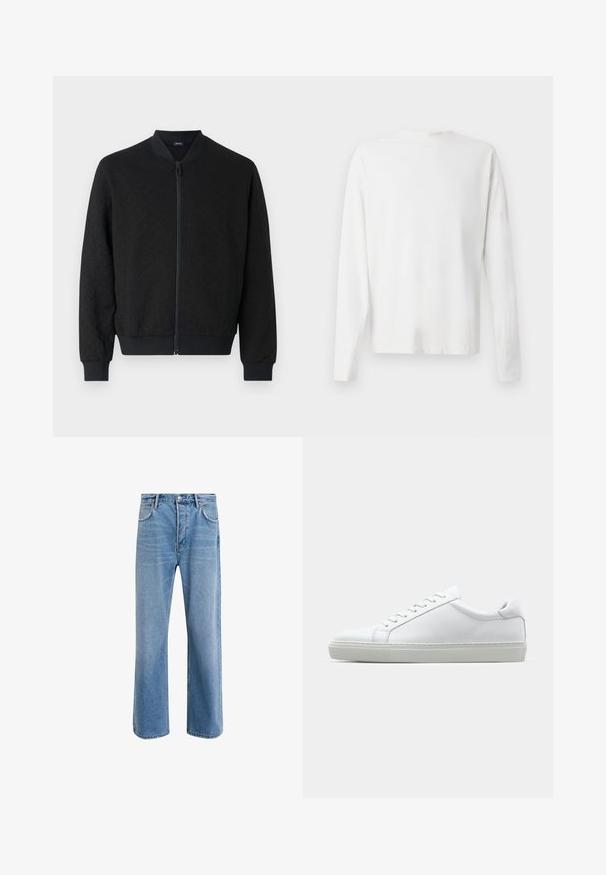 Must Kurgi jope tekstureeritud kangaga, soonikutega varrukate ja vöökoht, täispikk tõmblukk ja ümar kaelus. Lihtne, kaasaegne disain.; Pikad varrukad, valge puuvillane särk ümmarguse kaelusega, külgedel lõhikud all ja sile tekstuur, nähtav tagant.; Heledad sinine teksapüksid otse lõikega, viie taskuga, nupuga sulgemine, minimaalne kulumine ja kontrastsed õmbluse detailid.; Valge tennisetoss, millel on sile nahk pealis ja madal profiil. Omab ümarat ninaosa, kuut silmust ja tekstuuriga kummist talda.