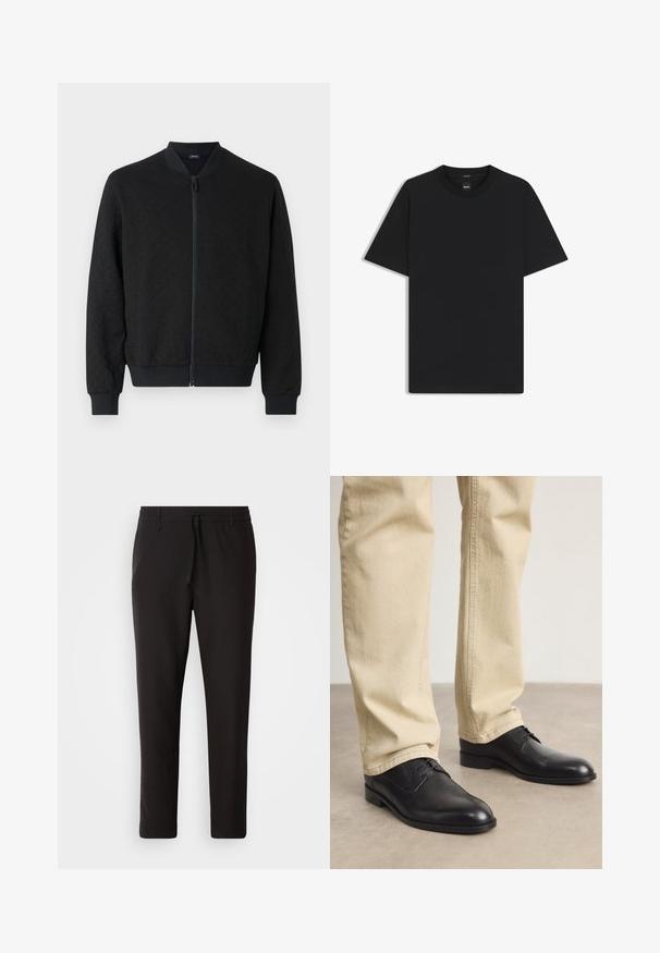 Zwarte bomberjack van een getextureerde stof, met ribbelmanchetten en -tailleband, volledige ritssluiting en een ronde kraag. Eenvoudig, modern ontwerp.; Zwarte korte mouwen T-shirt van een gladde katoenmix, met een ronde halslijn en een minimalistisch ontwerp zonder patronen of accenten.; Zwarte joggingsbroek van gladde stof. Kenmerkt zich door een elastische tailleband met een trekkoord, taps toelopende benen en geen zichtbare zakken. Eenvoudig ontwerp.; Zwarte leren veterschoenen met een ronde neus, een gladde afwerking en subtiele stikdetails, gedragen met lichtbeige broeken.