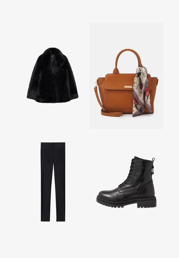 Sort faux fur frakke med en bred krave og blød tekstur. Har en løs pasform, der går til knæene, og ingen synlige lukninger. K klassisk design.; Sort turtleneck sweater lavet af blød strikket stof. Har lange ærmer og et tætsiddende design med en lige kant.; Sorte leggings lavet af strækbart stof; har en glat overflade, fuld længde design og en elastisk talje uden synlige sømme.; Sort læder ankelstøvle med rund tå, snørebånd foran og struktureret gummisål. Har en hanke bagpå og forstærket syning.; Brun læderhåndtaske med et struktureret design. Har en frontklap, dobbelt håndtag, en aftagelig skulderrem og et blomster tørklæde bundet på den ene side.; Sorte læderhandsker med tre særskilt fingersektioner og én tommelfingersektion, med elastiske manchetter for en tæt pasform. Glat tekstur.