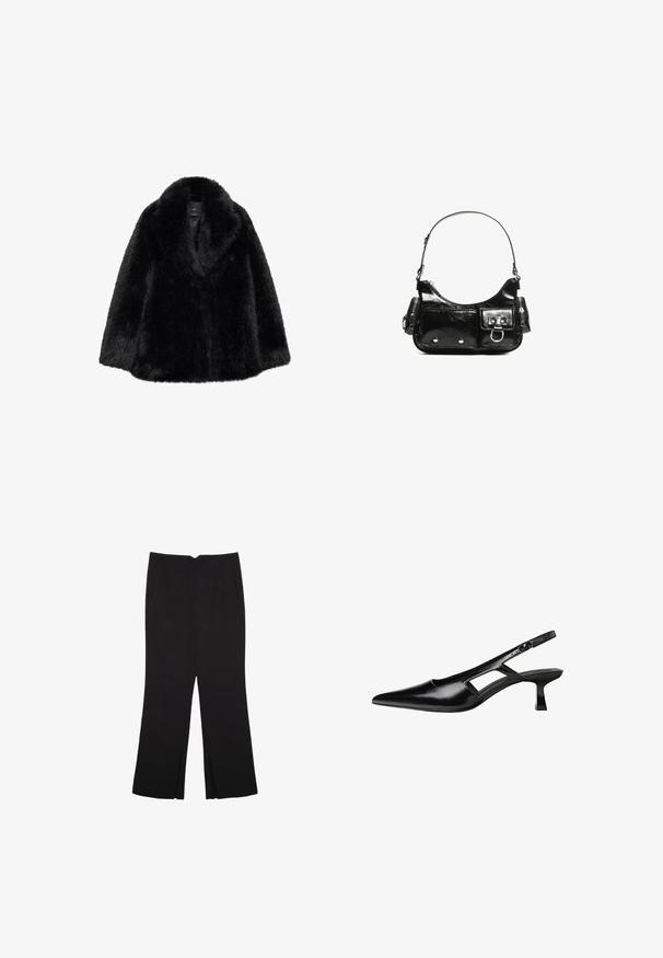 Sort faux fur frakke med en bred krave og blød tekstur. Har en løs pasform, der går til knæene, og ingen synlige lukninger. K klassisk design.; Sort langærmet cropped top med rund halsudskæring, ensfarvet design og let buet kant.; Sorte bukser med lige pasform, der har frontlommer og slidser i kanten. Lavet af blødt, glat stof. Velegnet til forskellige anledninger.; Sorte patentlæder slingback hæle med spids tå, udskåret sideskærm og en lille firkantet hæl. Glat tekstur med minimale detaljer.; Sort patenteret læder håndtaske med en buet form, en skulderrem, frontlommer og hardware accenter i sølvfarve.