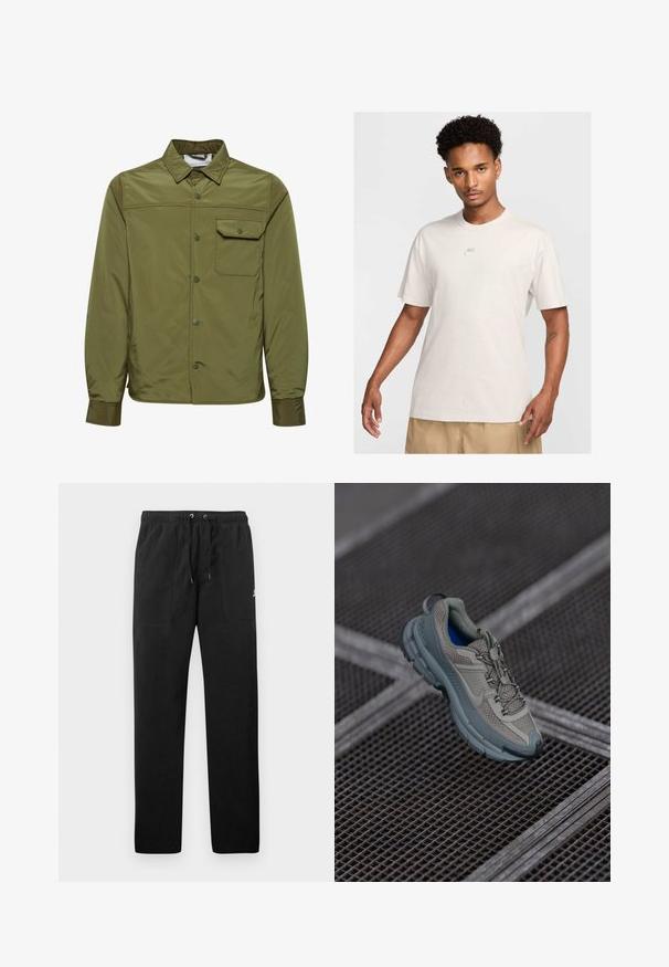 Olive zelena jakna iz gladkega, lahkega materiala, s sprednjim zapenjanjem na gumbe, pointed ovratnikom in enim žepom na prsih.; Moški s kratkimi kodrastimi lasmi nosi bež Nike majico in khaki kratke hlače, obrnjeni naprej proti enostavni svetli ozadju.; Črne trenirke iz flisa, z elastičnim pasom in vrvico, dvema sprednjima žepoma ter majhnim logotipom na stegnu.; Bež in siva športna čevlja z teksturiranim mrežastim zgornjim delom, okroglem nosu in gumijastim podplatom, opremljena z vezalkami in oblazinjenim ovratnikom.