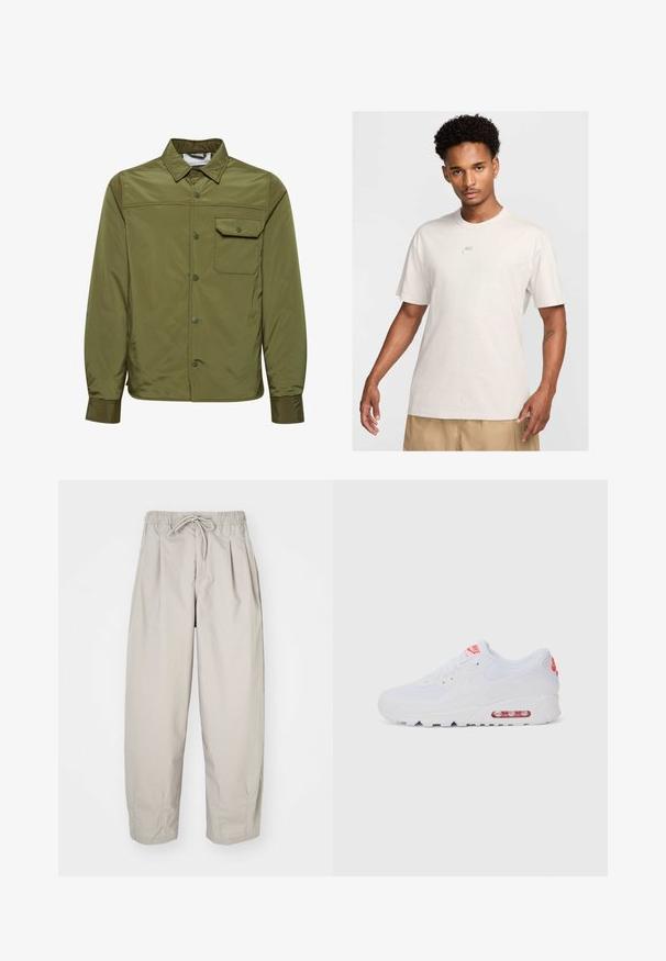Alyvuogių žalios spalvos švarkas, pagamintas iš lygaus, lengvo audinio, su sagčių užsegimu, smaigalio formos apykakle ir viena krūtinės kišene.; Vyras su trumpais garbanotais plaukais, apsirengęs bežiniu Nike marškinėliu ir khaki šortais, stovi iškėlęs veidą priešais šviesų fono.; Šviesiai rudi, lengvi kelnių su elastine juosta ir raišteliu. Turintys klostes ir laisvą siluetą, pagaminti iš minkštos, glotnios medžiagos.; Baltos sportinės sneaker'iai, turintys lygų paviršių, raištelių uždarymą, paminkštintą padą ir matomą oro vienetą su raudonomis akcentais ant prekės ženklo.