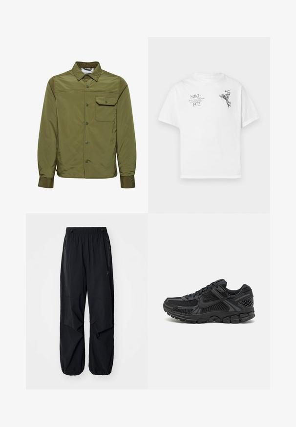 Oliven grønn jakke laget av glatt, lett materiale, med knappestolpe foran, spiss krage og en enkelt brystlomme.; Hvit bomull t-skjorte med svart grafisk trykk av en bevinget figur og tekst, med rund hals og korte ermer.; Sorte lettvekts cargo-bukser i svart med elastisk midje, sidelommer med glidelås og romslige lommer. Har en løs passform og innsnørede mansjetter.; Sorte atletiske sko med mesh-overdel, gummisåle og teksturerte detaljer. Designet inkluderer uttalt snøringssystem og polstret såle.