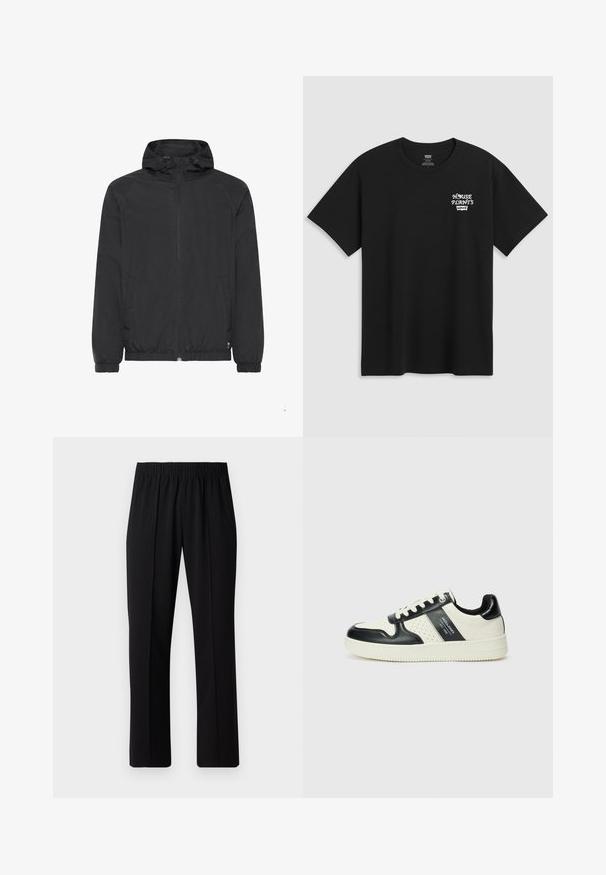Sort letvægtsjakke med hætte, elastiske manchetter og kant. Har lynlås lukning og sidelommer. Glat, vandafvisende stof.; Sorte bomulds t-shirt med et brysttryk, der står "HOUSE PLANTS" i hvid stiliseret skrift med "Levi's" nedenunder. Klassisk rund halsudskæring.; Sorte bukser med elastisk talje og lige ben, der har en glat tekstur og ingen synlige mønstre eller hardware.; Lædersneakers i sort og creme farveskema, med perforerede detaljer, en polstret krave og en struktureret ydersål.
