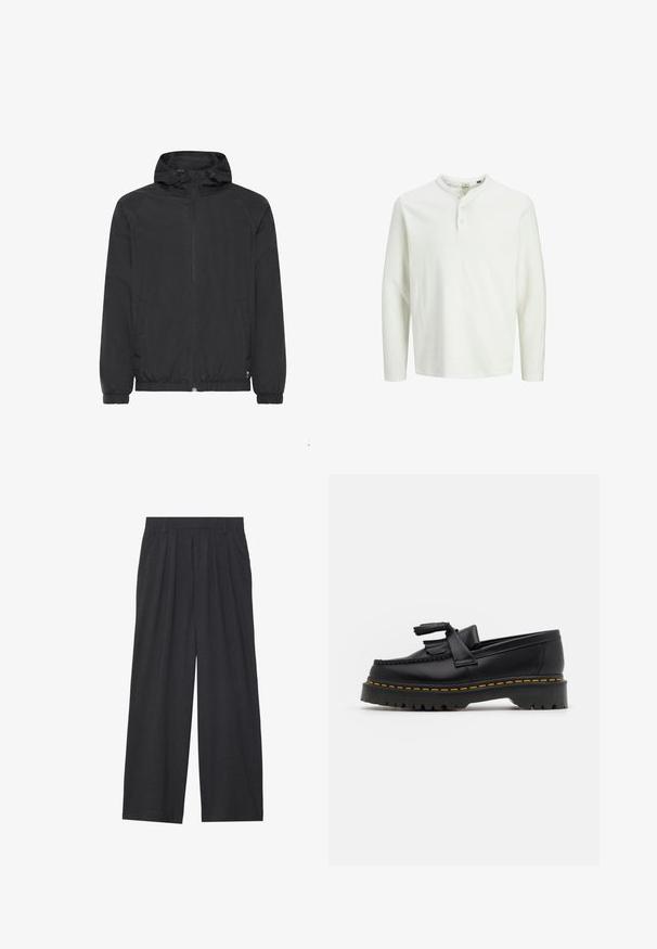 Sort letvægtsjakke med hætte, elastiske manchetter og kant. Har lynlås lukning og sidelommer. Glat, vandafvisende stof.; Hvid langærmet henley skjorte med tre knapper og rund halsudskæring, præsenteret på en ensfarvet hvid baggrund.; Vidder bukser lavet af mørkegrå stof. Har folder ved taljen, et skræddersyet design og en lige silhuet.; Sort læderloafer med en frynsedetalje, der har en kraftig sort sål og gul syninger langs kanten. Teksturert overflade.