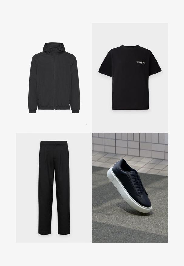 Sort letvægtsjakke med hætte, elastiske manchetter og kant. Har lynlås lukning og sidelommer. Glat, vandafvisende stof.; Sort bomulds T-shirt med rund halsudskæring, korte ærmer og lille hvid logo tekst på venstre bryst. Enkel design, klassisk pasform.; Sorte bukser lavet af glat stof, med et lige ben-design, to frontfolder og en standard talje med bæltestropper.; Sort lædersneaker med rund tå og hvid gummisål. Har flade snørebånd og minimal syning på overdelen. Tekstureret sål for bedre greb.