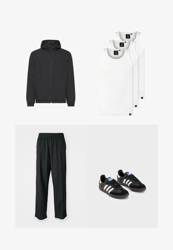 Sort letvægtsjakke med hætte, elastiske manchetter og kant. Har lynlås lukning og sidelommer. Glat, vandafvisende stof.; Tre hvide ribbede tanktops lavet af bomuld. Har en rund hals og små sorte mærker nær sømmen. Fås i flere størrelser.; Sorte træningsbukser med elastisk talje, lavet af glat stof, med diskrete sidesyninger og en afslappet pasform, lige ben design.; Sorte sneakers med en overdel i ruskind og syntetisk materiale, med tre hvide striber, struktureret gummisål og en blå logoetiket på tungen.