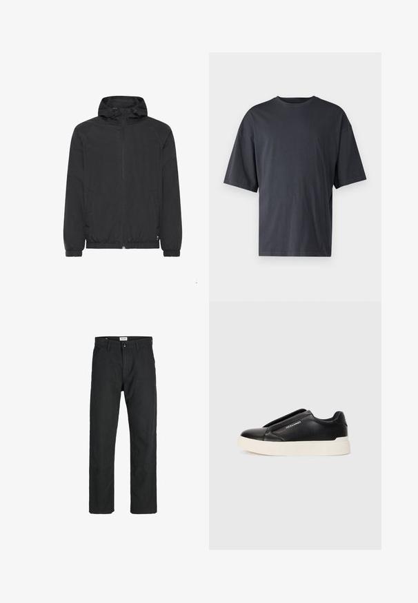 Giacca nera leggera con cappuccio, polsini ed orlo elasticizzati. Presenta una chiusura con zip e tasche laterali. Tessuto liscio e resistente all'acqua.; T-shirt corto a maniche corte di colore grigio scuro realizzato in cotone leggero, con vestibilità ampia e colletto girocollo classico, caratterizzato da una texture liscia e senza motivi.; Pantaloni neri realizzati in tessuto resistente, caratterizzati da un design a gamba dritta, dettagli cuciti e due tasche frontali per la funzionalità.; Sneaker nera slip-on con parte superiore in pelle texturizzata, suola in gomma bianca e senza lacci visibili. Presenta il logo del marchio sul lato.