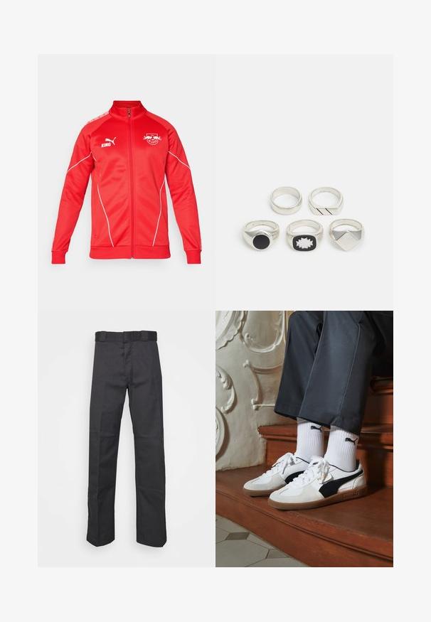Röd idrottsjacka med hög krage, hel dragkedja och vita detaljer. Har logotyper på bröstet och axeln. Tillverkad av slät tyg.; Två vita linnen med ribbad textur, som har broderade logotyper i blått och grönt. Det ena har en soldesign och det andra en palm.; Svarta byxor av slitstark tyg med rak bendesign, midja med bälteshål och sömmar för extra struktur.; Puma-sneakers i vit och svart mocka, med en brun gummisula. Kombinerade med vita strumpor som visar upp en svart logotyp, bärs tillsammans med mörka byxor.; Fem silveringar: en med en svart, cirkulär detalj, en med ett vitt och svart geometriskt mönster, och andra med olika former och ytbehandlingar.