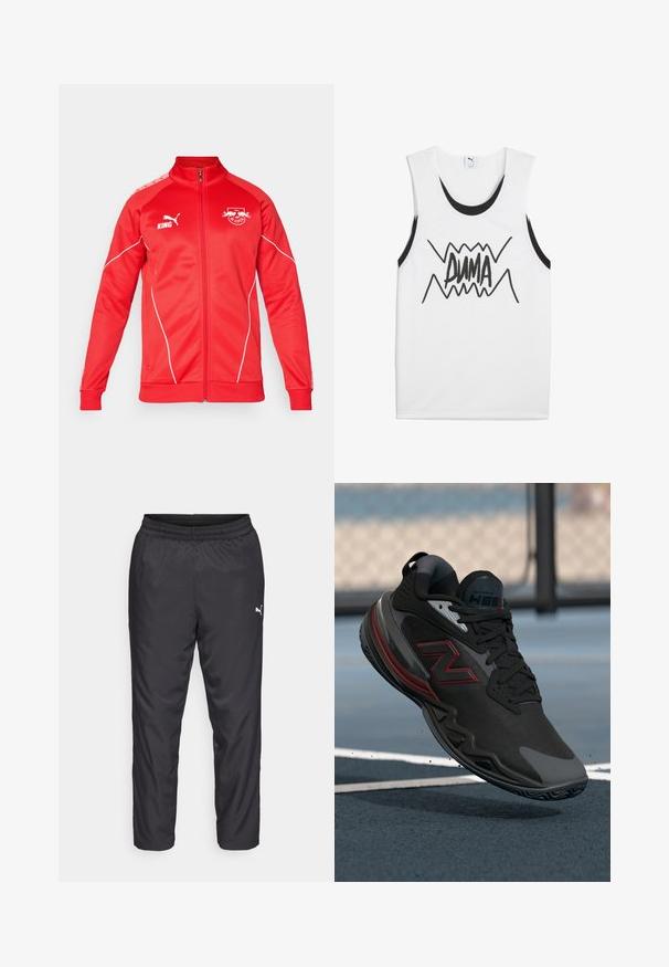 Sarkans sporta jebks ar augstu apkakli, pilnu rāvējslēdzēju un baltām akcentiem. Iekļauta logo uz krūts un pleca. Izgatavots no gludas auduma.; Balts bez piedurknēm T-krekls ar melniem akcentiem, centrā ar izteiksmīgu melnu "PUMA" grafiku, kas satur zigzaga dizainu.; Melnas sporta bikses, kas izgatavotas no gluda, viegla materiāla. Iespējas ietver elastīgu jostu un mazu baltu logotipu kreisajā pusē.; Melnas sporta kedas ar teksturētu augšdaļu, sarkaniem akcentiem un gumijas zoli. Iezīmējas ar zemu profilu un pastiprinātu pirkstu daļu.
