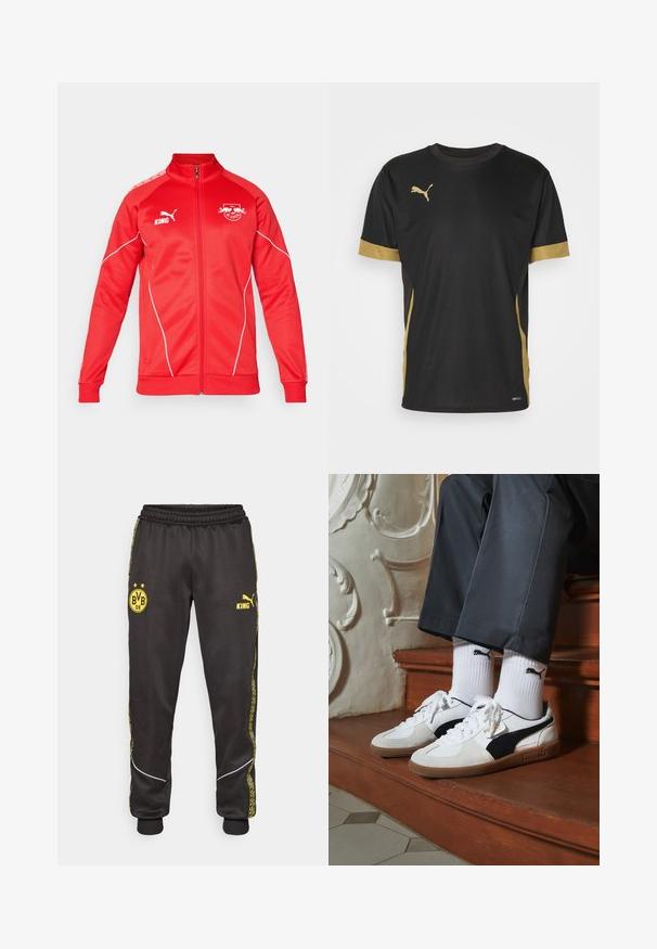 Rød idrettsjakke med høy krage, hel glidelås og hvite detaljer. Har logoer på brystet og skulderen. Laget av glatt stoff.; Svart treningst-skjorte med gulldetaljer på ermene og siden. Har rund hals, korte ermer og fukttransporterende DRYCELL-stoff.; Svarte treningsbukser med gule Borussia Dortmund BVB 09 og Puma King-logoer, elastisk liv, og mønstrede gule sidestriper.; Puma-sneakers i hvitt og svart semsket skinn, med en brun gummisåle. Kombinert med hvite sokker med en svart logo, båret med mørke bukser.