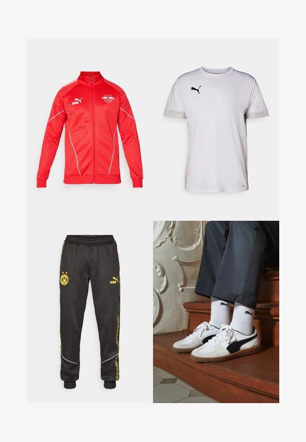 Red athletic jacket with a high collar, full zip, and white accents. Features logos on the chest and shoulder. Made from smooth fabric.; White short-sleeve athletic shirt with a round neckline, featuring breathable mesh accents on the sides and a black Puma logo on the chest.; Black athletic pants with yellow Borussia Dortmund BVB 09 and Puma King logos, elastic waistband, and patterned yellow side stripes.; Puma sneakers in white and black suede, featuring a brown rubber sole. Paired with white socks displaying a black logo, worn with dark pants.