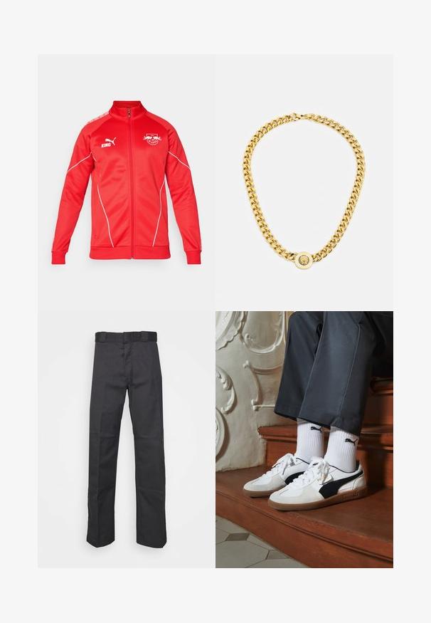 Rote Sportjacke mit hohem Kragen, durchgehendem Reißverschluss und weißen Akzenten. Mit Logos auf der Brust und dem Schulterbereich. Hergestellt aus glattem Stoff.; Zwei figurbetonte Tanktops in Schwarz und Weiß. Aus geripptem Baumwollmaterial hergestellt, verfügen sie über breite Träger und runde Ausschnitte. Branding am Kragen.; Schwarze Hose aus strapazierfähigem Material, mit geradem Bein, einem Bund mit Gürtelschlaufen und Nähten für zusätzlichen Textur.; Puma-Sneaker aus weißem und schwarzem Wildleder mit einer braunen Gummisohle. Kombiniert mit weißen Socken, die ein schwarzes Logo zeigen, getragen zu dunklen Hosen.; Goldene Kettenhalskette mit großen miteinander verbundenen Gliedern, mit einem kreisförmigen Anhänger in der Mitte, der ein erhabenes Emblem zeigt.