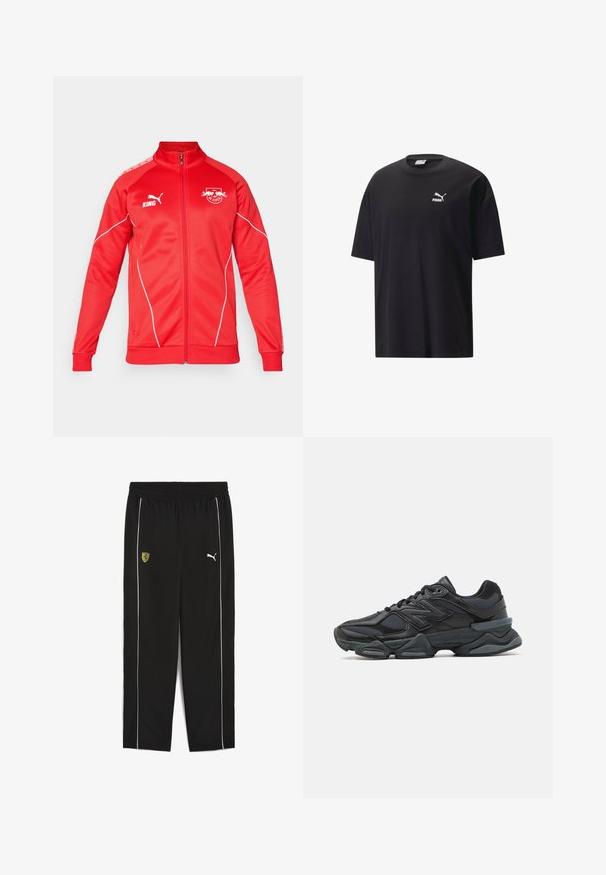 Red athletic jacket with a high collar, full zip, and white accents. Features logos on the chest and shoulder. Made from smooth fabric.; Black cotton t-shirt with short sleeves, crew neckline, and a white Puma logo on the chest. Simple and unadorned design.; Black athletic pants with elastic waistband, featuring a yellow Ferrari logo and white side stripes. Made from lightweight fabric.; Black running shoe featuring a mix of mesh and synthetic materials, chunky sole, curved design, and prominent branding on the side.