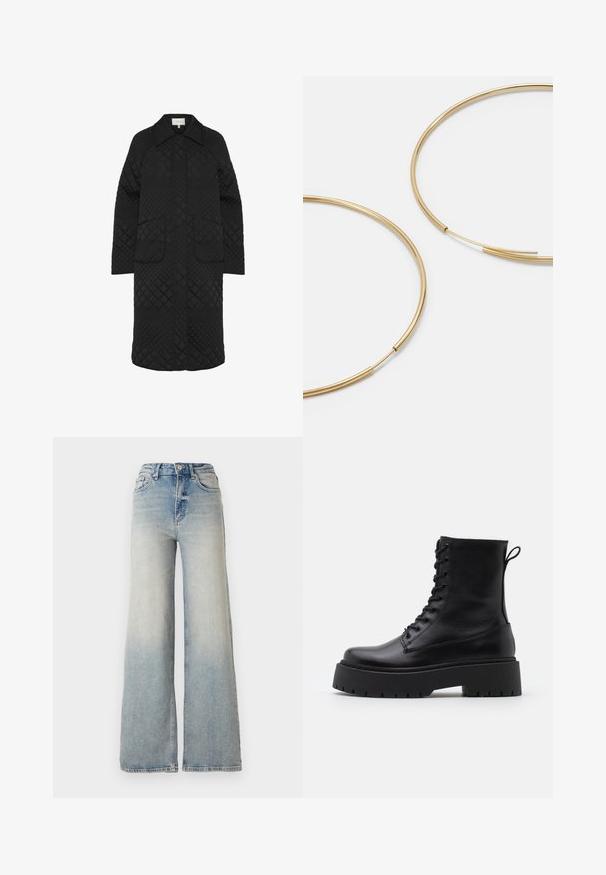 Čierny prešívaný kabát s golierom, s diamantom vzorom, dlhými rukávmi a dvoma prednými vreckami. Tkanina má hladký, matný povrch.; Vero Moda VMNEWCREAM FUNNELNECK PULLOVER - Svetrík - black/birch; Svetlomodré džínsy s širokými nohavicami vyrobené z denimu, s vysokým pásom, piatimi vreckami a viditeľnými stehmi pozdĺž švov.; Čierne kožené členkové topánky s okrúhlou špičkou, šnurovaním vpredu a hrubou gumovou podrážkou s textúrovaným vzorom. Sťahovací pútko na zadnej strane.; Zlaté kruhové náušnice, tenké a okrúhleho tvaru, s hladkým kovovým povrchom a bez ozdôb alebo vzorov.