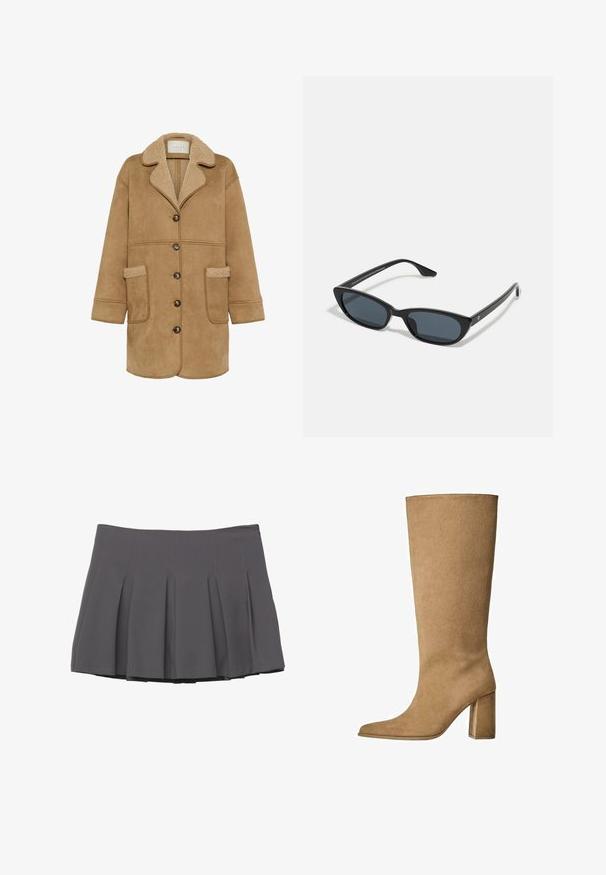 Kaffe MARLIE - Korte frakker - toasted coconut; Lyseblå langærmet skjorte med knap-ned krave, enkelt brystlomme og afslappet pasform. Glat stofstruktur og klassisk design.; Grå plisseret nederdel med en glat tekstur, der har syede detaljer og en tætsiddende talje, der slutter ved midt-lår længde.; Tan ruskinds knæhøje støvler med blokhæle, der har en spids tå og en glat overflade. Minimalistisk design uden udsmykninger.; Sorte katteøje solbriller med mørke linser, plastikramme, slanke temple og diskret branding på den indre arm. Mat finish tekstur.