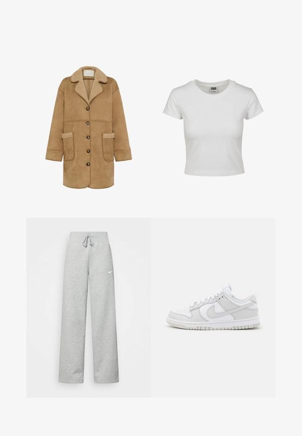 Kaffe MARLIE - Manteau court - toasted coconut; T-shirt en coton blanc avec un col rond classique, des manches courtes et une coupe ajustée. Aucun motif ni accent visible.; Pantalon de survêtement gris avec une taille élastique, un détail de cordon de serrage et un petit logo Nike blanc sur la cuisse gauche. Tissu doux, coupe ample.; Baskets en cuir blanc avec des accents gris, bout perforé, lacets plats, col rembourré et semelle en caoutchouc texturée.