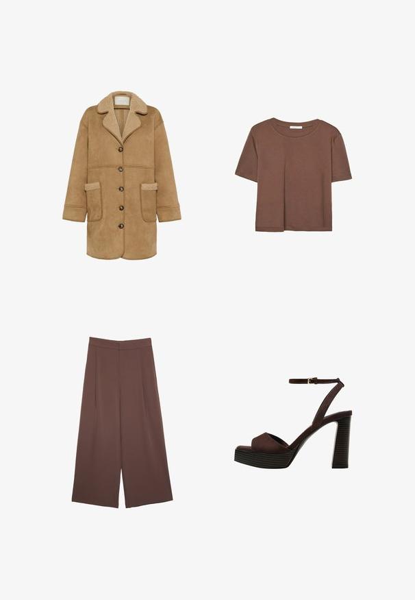 Kaffe MARLIE - Halflange jas - toasted coconut; Korte mouwen T-shirt in bruin, gemaakt van een zachte stof, met een ronde halslijn en een relaxte pasvorm. Geen zichtbare patronen of accenten.; Bruine wijde broek met een gladde textuur, voorzien van een hoge taille en plooien aan de voorkant. De stof is lichtgewicht en valt losjes.; Bruine suède high-heeled sandaal met een open teen, verstelbare enkelband en een gestreepte plateauzool.