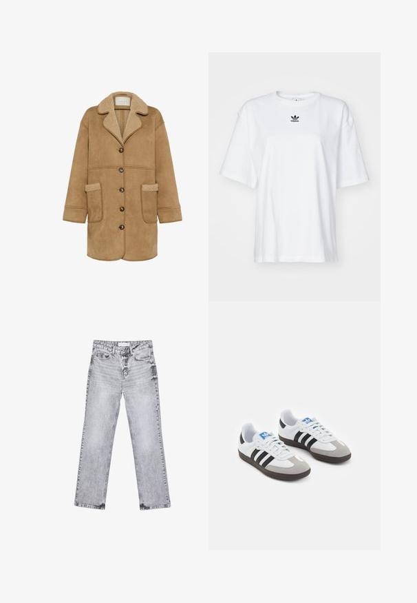 Kaffe MARLIE - Krátký kabát - toasted coconut; Bílý krátký rukávový tričko vyrobené z bavlny. Má kruhový výstřih a malé černé logo Adidas na hrudi. Rovný lem.; Šedé džíny z denimu se střihy rovnými nohavicemi, s poškozenou úpravou, pěti kapsami a měděnými nýtky. Pasová část obsahuje logo štítek.; Sportovní boty s bílým koženým svrškem, šedou semišovou špičkou a třemi černými pruhy. Obsahují modré logo na jazyku a texturovanou gumovou podrážku.