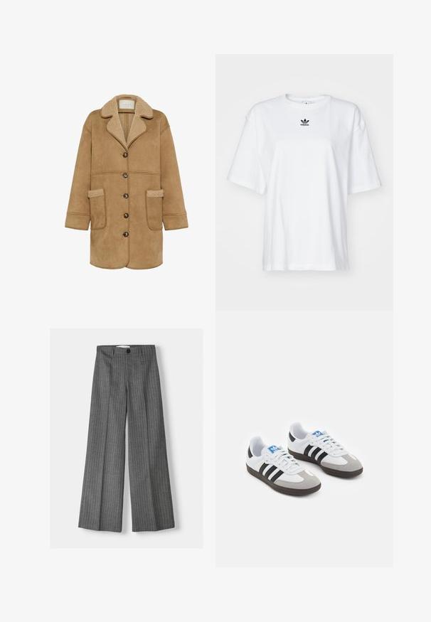 Kaffe MARLIE - Manteau court - toasted coconut; T-shirt blanc à manches courtes en coton. Avec un col rond et un petit logo Adidas noir sur la poitrine. Ourlet droit.; Pantalons large gris à rayures, dotés d'une fermeture à bouton et de deux poches avant. Fabriqués en tissu texturé.; Baskets avec une tige en cuir blanc, un bout en daim gris et trois bandes noires. Présente un logo bleu sur la languette et une semelle en caoutchouc texturée.