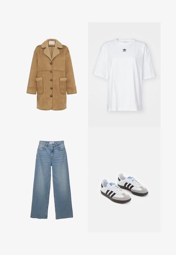 Kaffe MARLIE - Kurzmantel - toasted coconut; Weißes T-Shirt mit kurzen Ärmeln aus Baumwolle. Verfügt über einen Rundhalsausschnitt und ein kleines schwarzes Adidas-Logo auf der Brust. Gerader Saum.; Helle blaue weit geschnittene Jeans aus Denim. Merkmale sind eine hohe Taille, fünf Taschen und ein gerader Schnitt mit minimaler Ausbleichung.; Sportschuhe mit einem Obermaterial aus weißem Leder, grauer Wildleder-Zehenkappe und drei schwarzen Streifen. Sie verfügen über ein blaues Logo auf der Zunge und eine strukturierte Gummisohle.