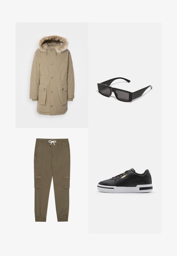 Jachetă parka bej cu glugă căptușită cu blană sintetică, închidere frontală cu fermoar și nasturi, două buzunare mari în față și manșete elastice. Material moale, texturat.; Pulover alb cu guler înalt, cu mâneci lungi, fabricat dintr-un material neted. Are un design ajustat și manșete și margine împălată. Fără modele sau accente.; Pantaloni cargo kaki cu talie elastică și șnur, cu buzunare laterale și gleznă strânsă. Realizați dintr-un material texturat și ușor.; Sneaker din piele neagră cu talpă intermediară albă, vârf perforat, detaliu logo auriu, guler căptușit și accente negre contrastante pe lateral.; Ochelari de soare negri cu rame dreptunghiulare și lentile întunecate. Fabricati din plastic lucios, având un design unghiular și temple subțiri.